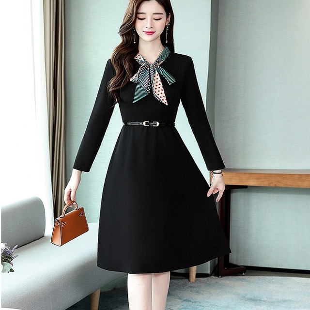 黒ワンピース 黒ワンピ ワンピース ワンピ 通販 通販ワンピース 通販ワンピ レディース 女性用 ひざ丈 黒 Aライン ハイウエスト リボン ベルト付き 九分袖 デート 通勤 通学 オフィス 食事会 お呼ばれ 女子会 シンプル 無地 トレンド 人気 上品 秋 定番 おすすめ お洒落