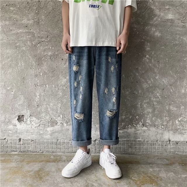 【予約販売】デニム ダメージ加工 メンズ ロールアップ ブルー カジュアル こなれ感 お洒落 韓国 トレンド 春 夏 秋 S/M/L/XL/2XL/3XL