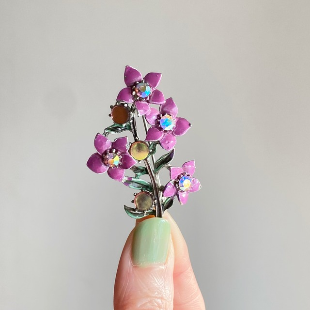 パープルエナメル ミラー 花のブローチ