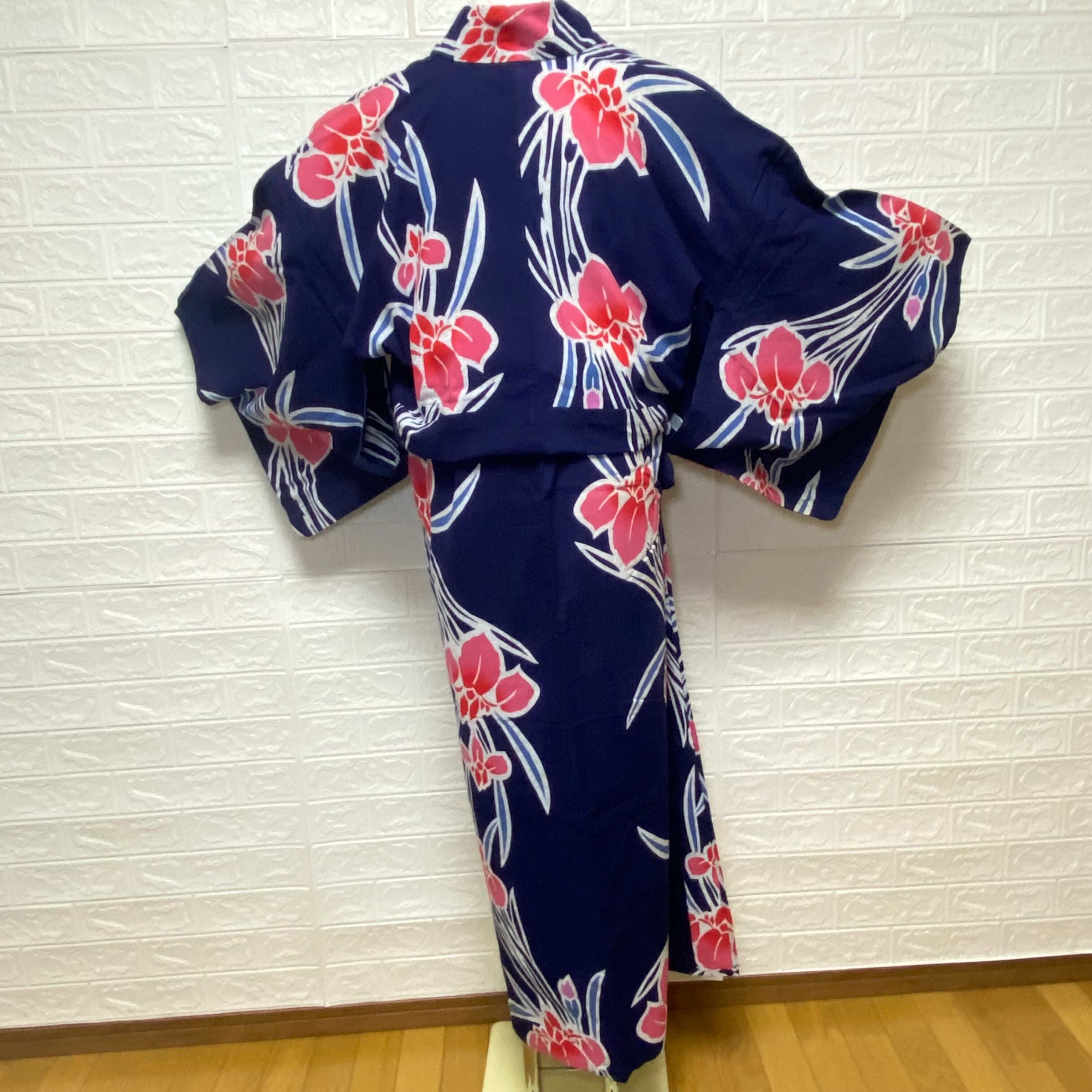 レディース 浴衣 綿 菖蒲 紺色 華やか 昭和レトロ 祭り 盆踊り 花火