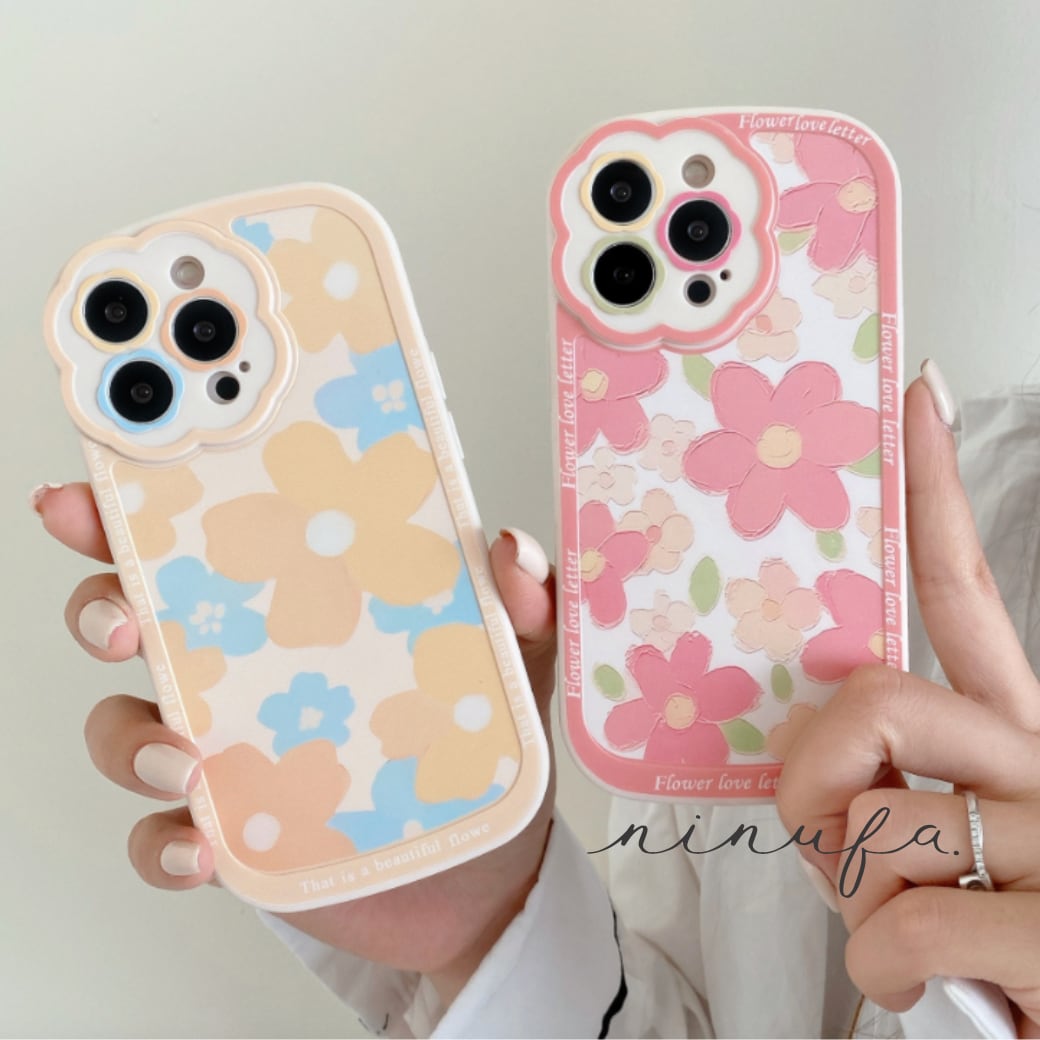 【再販】フラワーデザインが可愛い◎耐衝撃 カメラレンズ保護 韓国っぽ かわいい 花柄 スマホケース 2color ND-14766