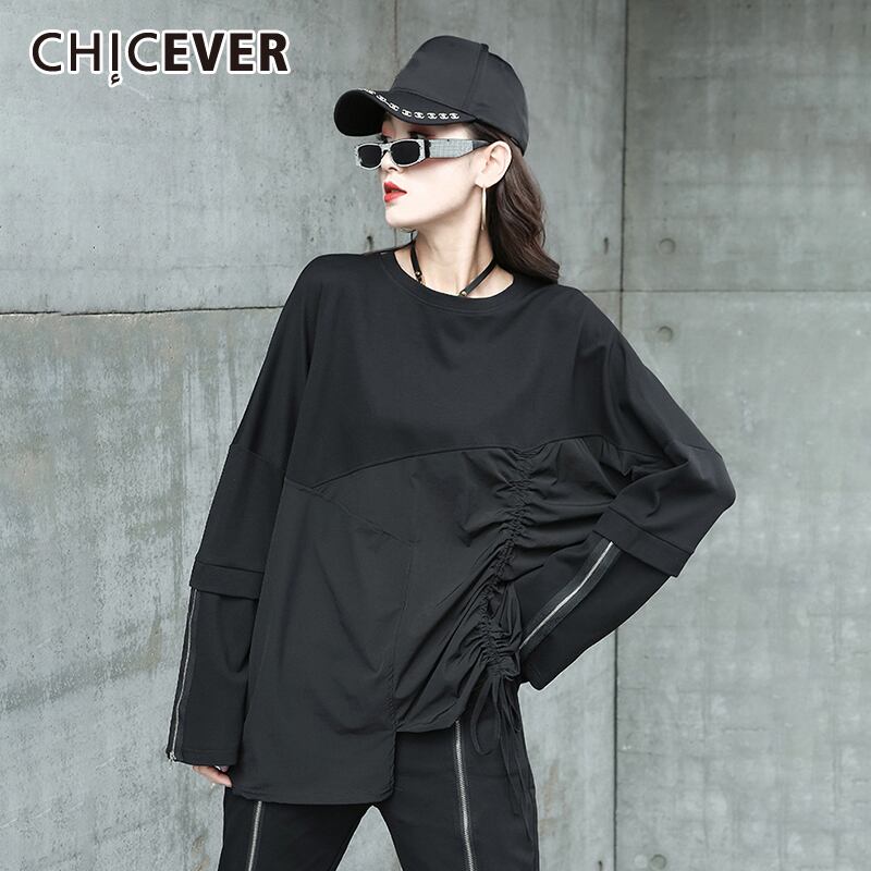 CHICEVERTシャツレディースOネック長袖パッチワークシャーリングルーズオーバーサイズジッパーTシャツ2020秋 ロング 6base578779913425