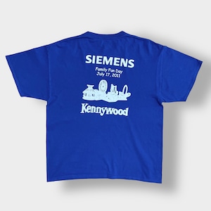 【HANES】企業系 企業ロゴ プリント Tシャツ SIEMENS シーメンス ワンポイントロゴ バックプリント 半袖 ヘインズ ブルー L US古着