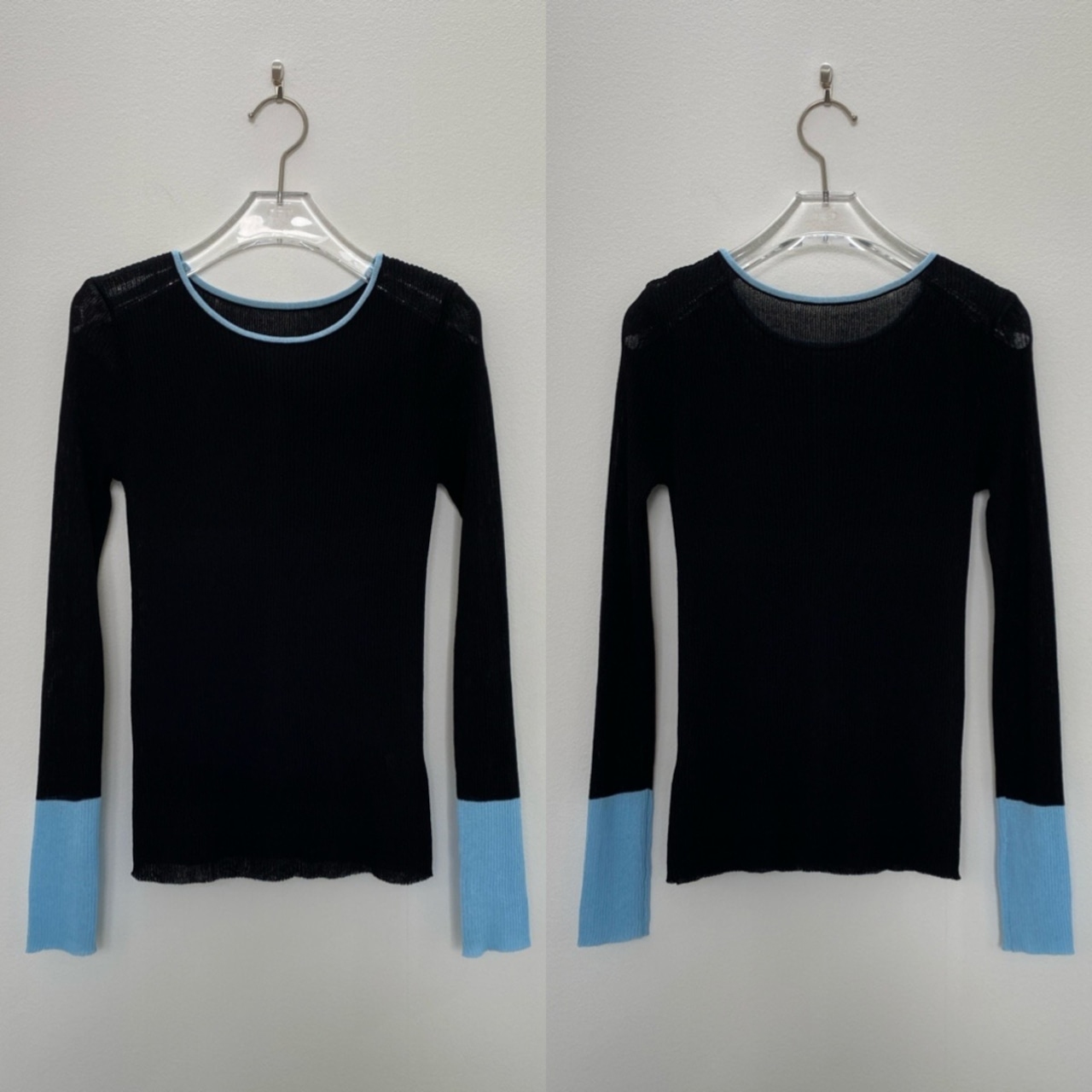 袖バイカラーシアーニットCS/ブラック