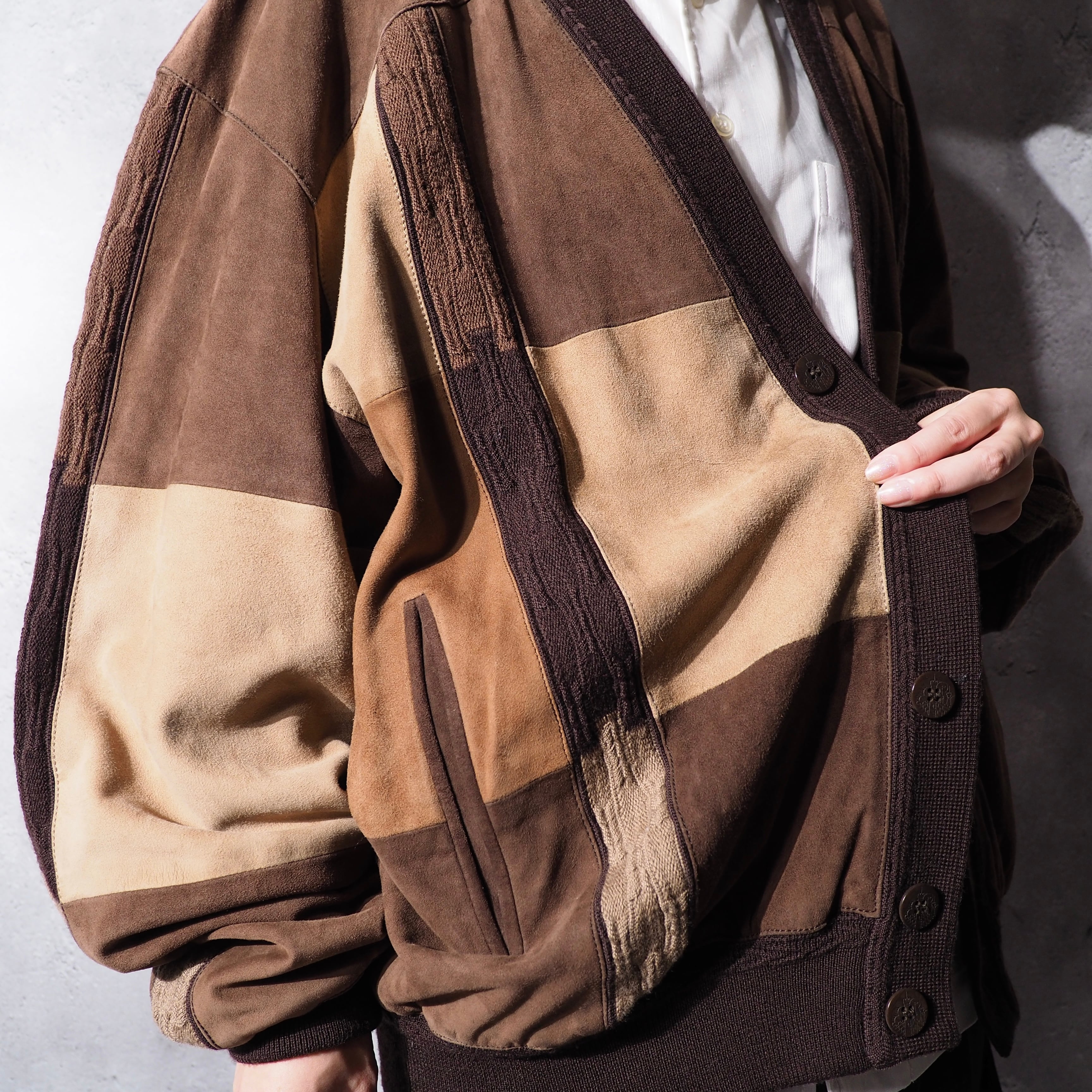 1990s ” Torras ” Special suede leather Panel combinations vintage loose Cardigan (made in Spain)
