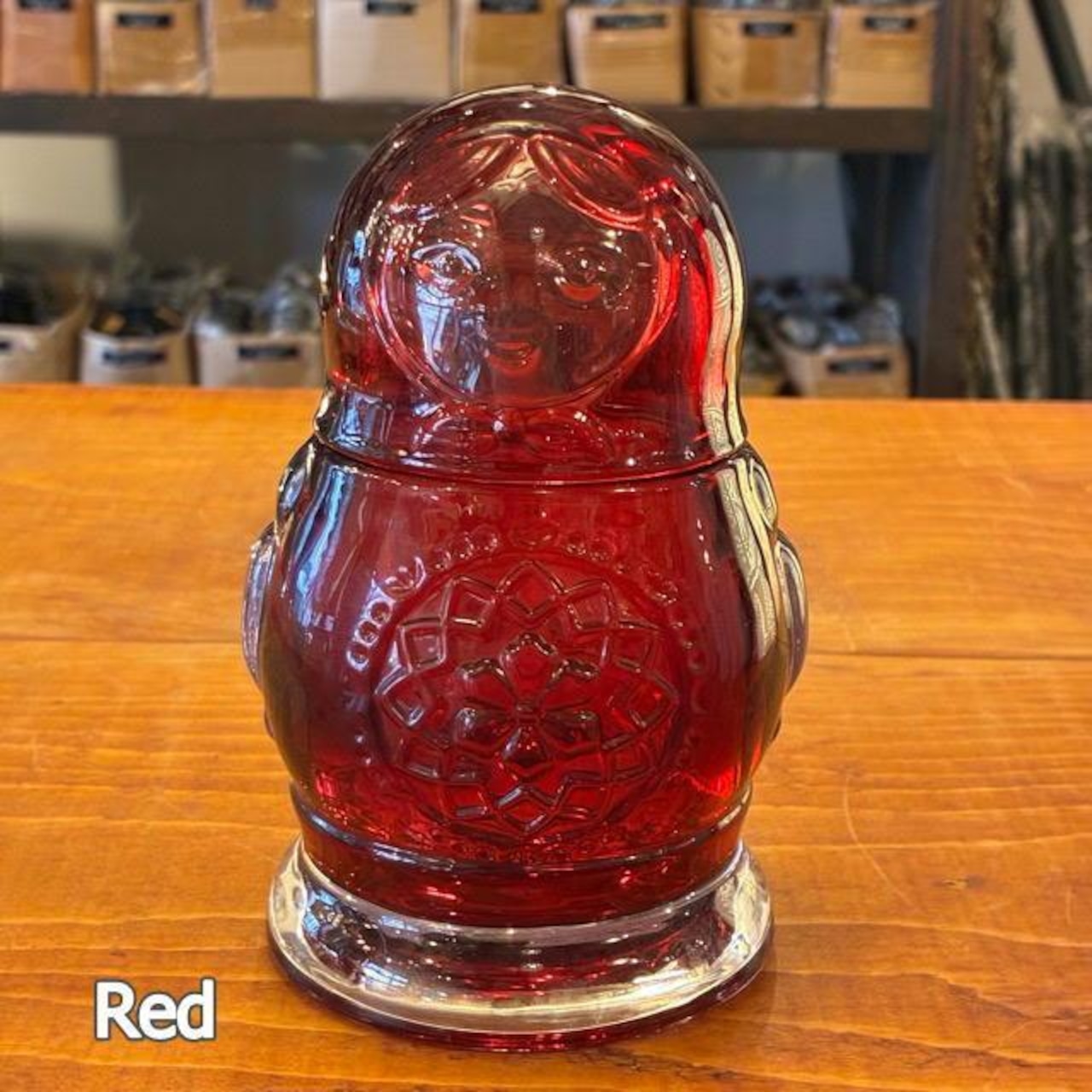 Matryoshka Jar 4 colors available: Red, Smoke, Orange, and Blue. Canister, candy container, glass jar.