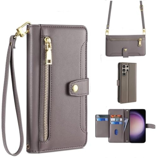 for Galaxy S26 Ultra ケース 手帳型 ショルダー FOR ギャラクシーS26 Ultra SC-53G/SCG37/SM-S948Z 斜めがけ 手帳 ケース【 ストラップ 長+短 2本】携帯カバー お財布付 肩がけ 首掛け ファスナー型 長さ調整可能 PUレザー グレー