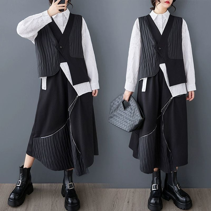 BLACK PATCHED ASYMMETRIC DESIGN VEST & SKIRT 1color M-11429