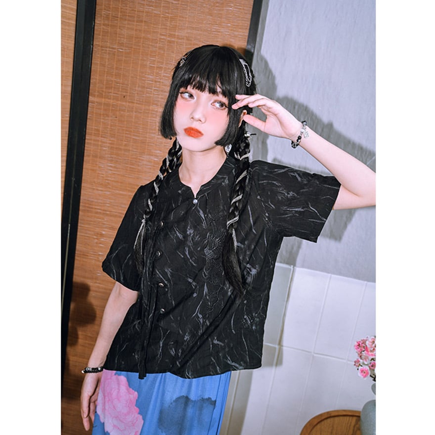 中華ゴシック 刺繍中華ボタン半袖シャツ 夏向け｜WithU | ゴスロリ通販