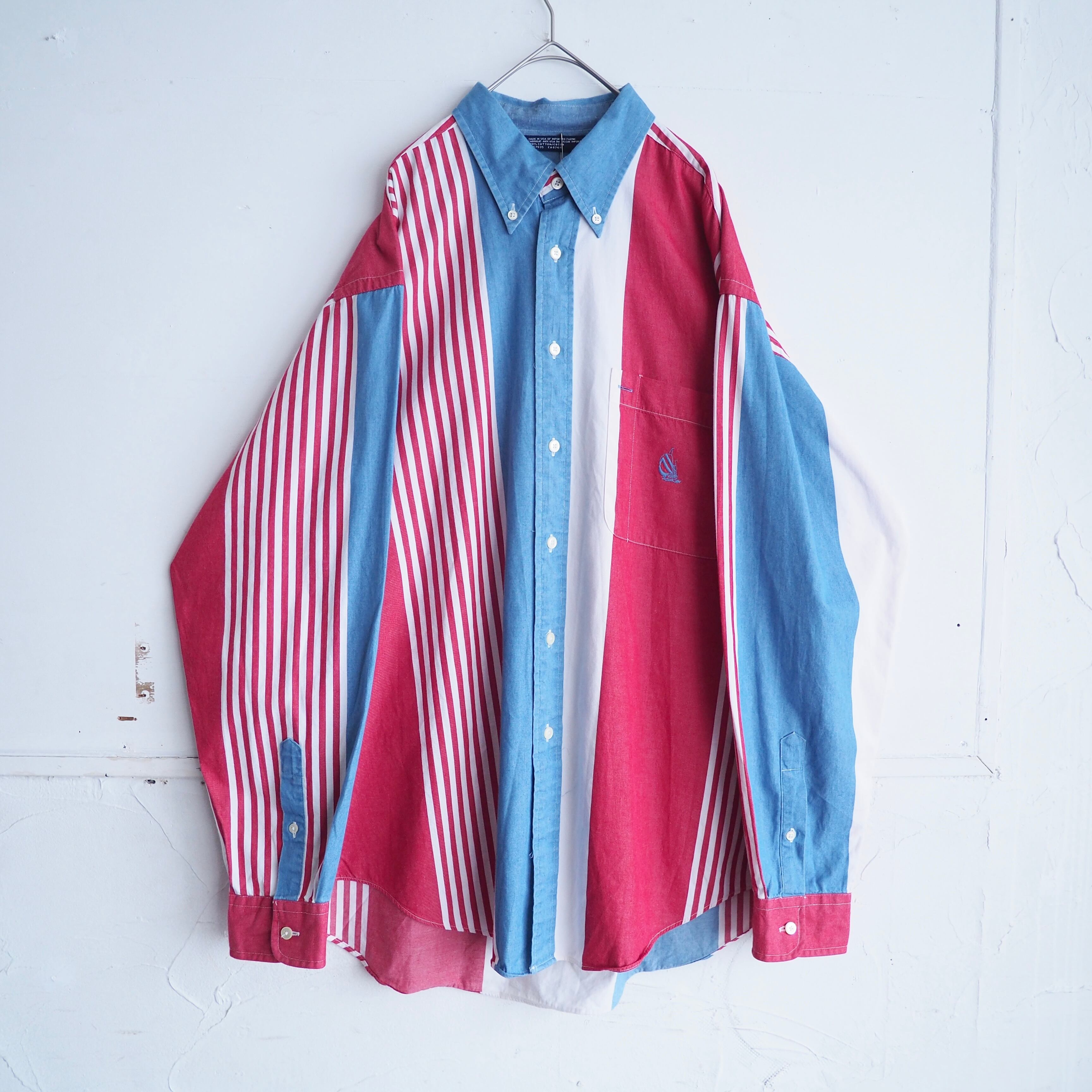1990s ” Nautica ” tricolor color stripe pattern button down shirt (made in Usa)