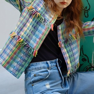 Multicolor check フリンジジャケット (kai0369)