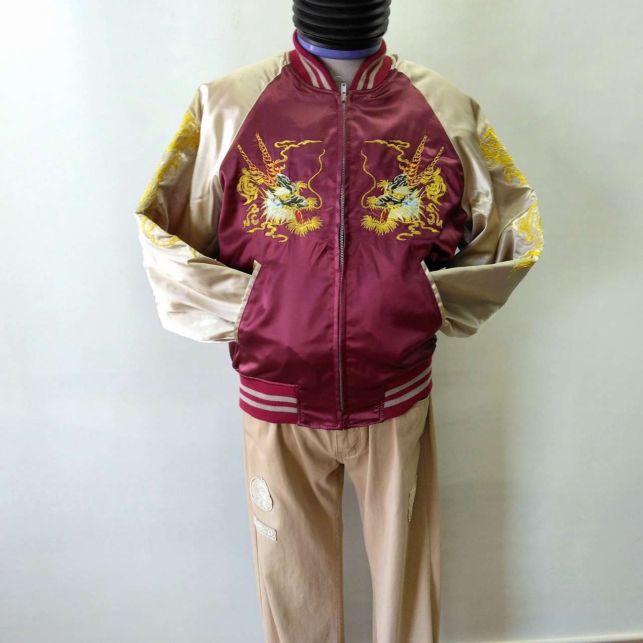 神龍刺繍スカジャン L ワインカラー Embroidered jumper(SUKAJYAN