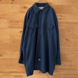 【Dickies】ワークシャツ 無地 ネイビー 長袖シャツ オーバーサイズ L ディッキーズ US古着