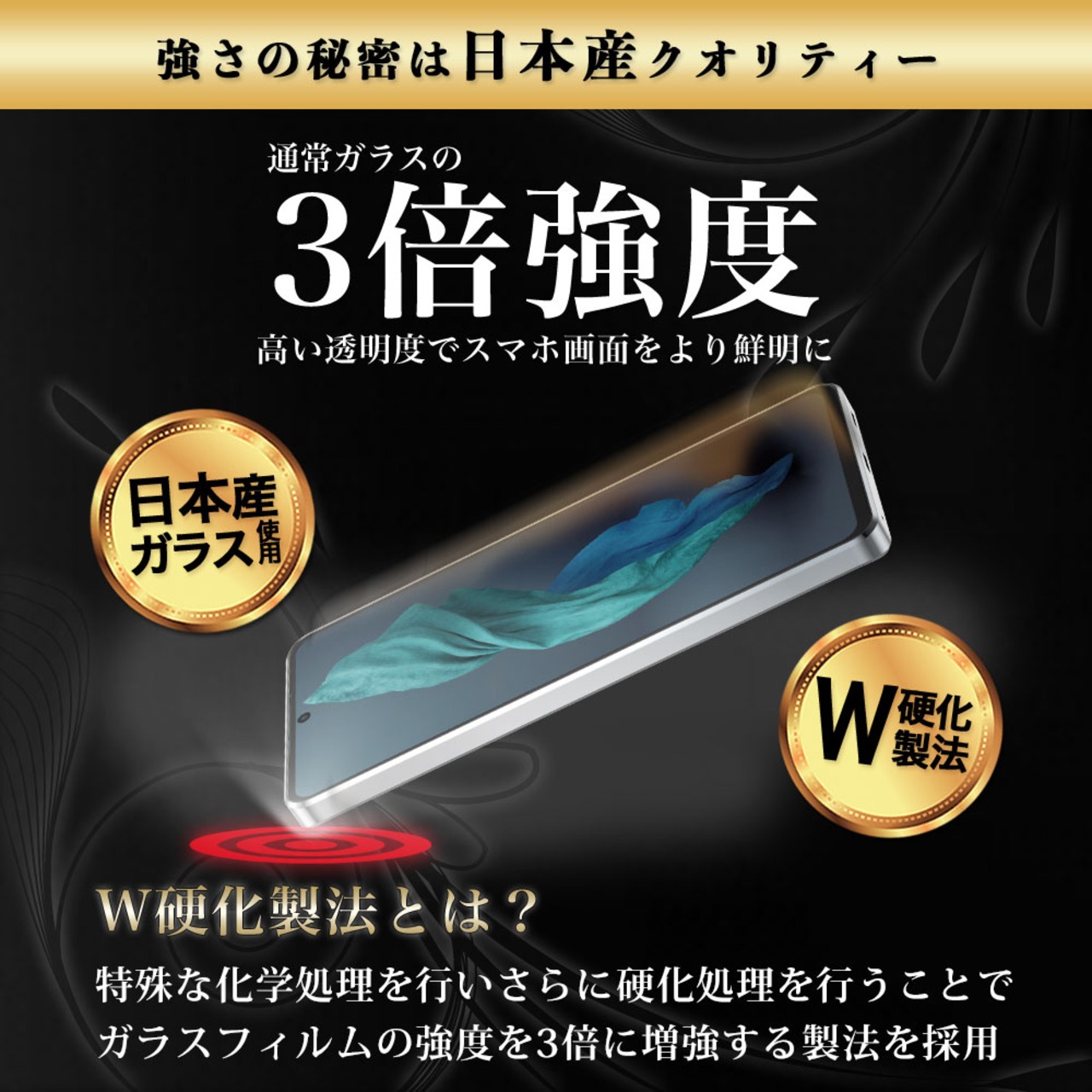 Hy+ AQUOS R7 フィルム SH-52C ガラスフィルム W硬化製法 一般ガラスの3倍強度 全面保護 全面吸着 日本産ガラス使用 厚み0.33mm ブラック