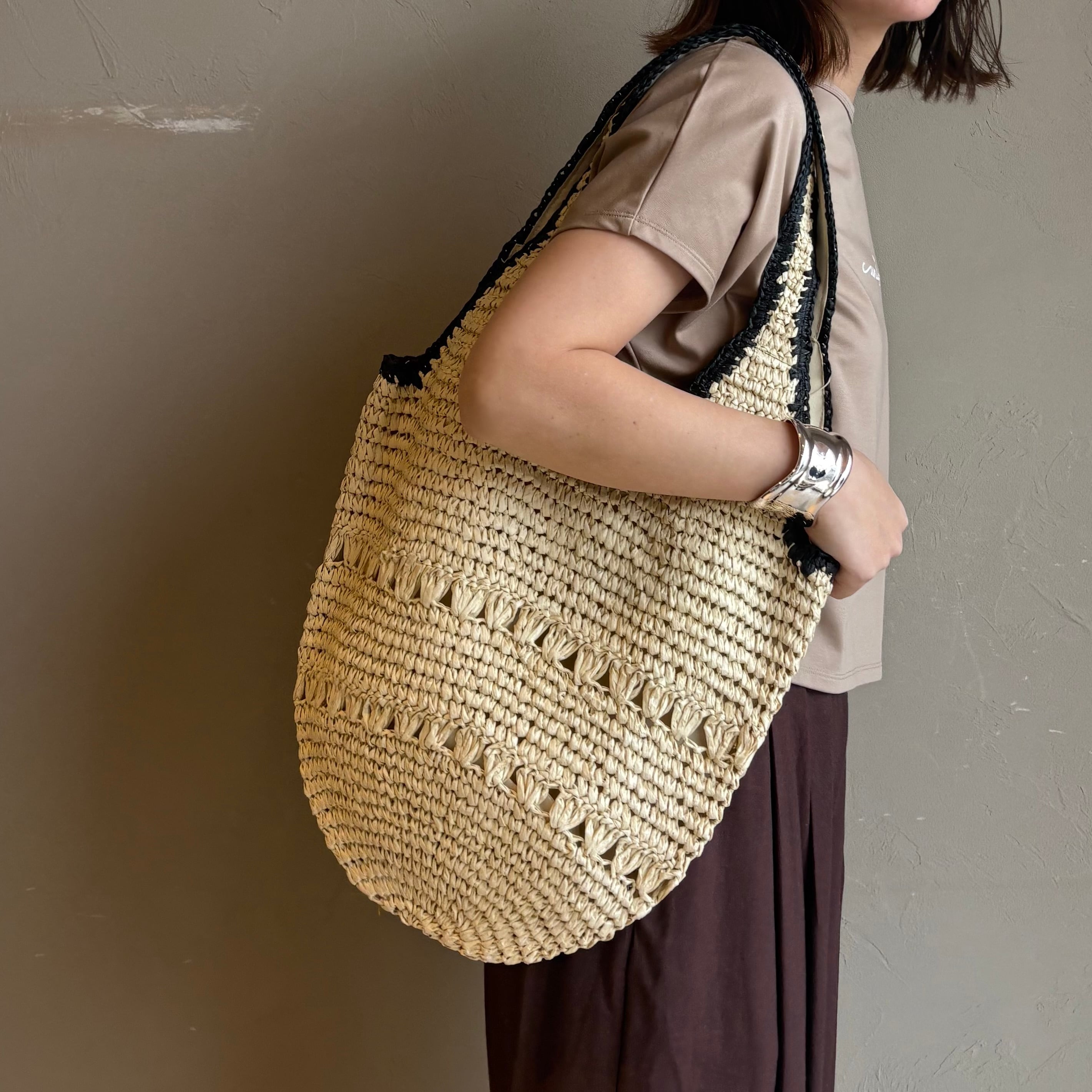 配色ラフィアトートバッグ