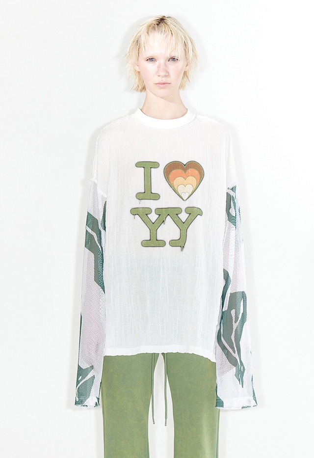 [OPEN YY] I LOVE YY MESH SLEEVE TEE, WHITE 正規品 韓国ブランド 韓国通販 韓国代行 韓国ファッション オープン ワイワイ 日本 店舗