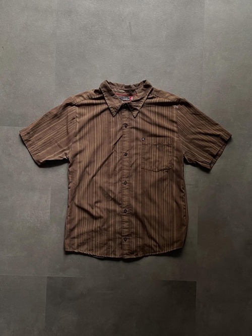 Quiksilver クイックシルバー ストライプシャツ 半袖 バックプリント L ブラウン
