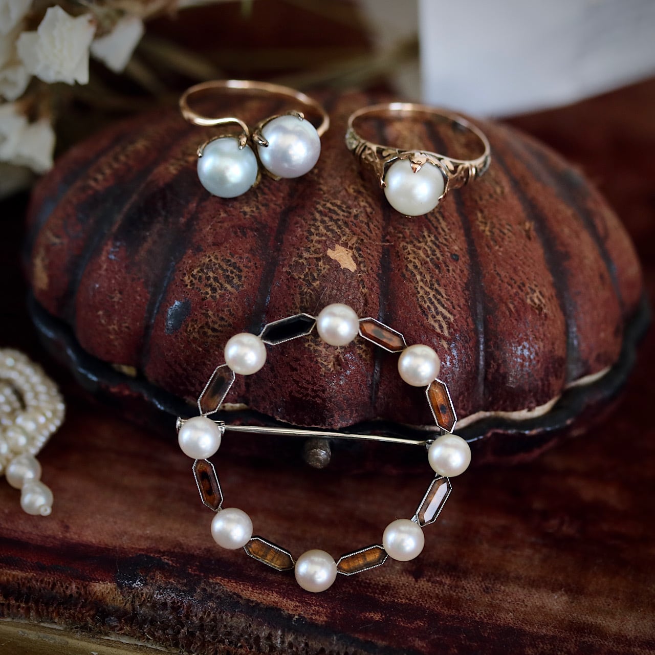 貴重】K18 一粒あこや真珠 二色金デザイン 和彫ヴィンテージリング