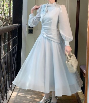 ★送料無料★M(9号)☆ウエストドレープ長袖のパーティーワンピ(OPN2793)