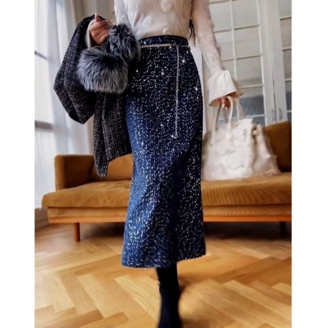 グリッターツイード チェーンベルト付 ペンシルスカート 239213