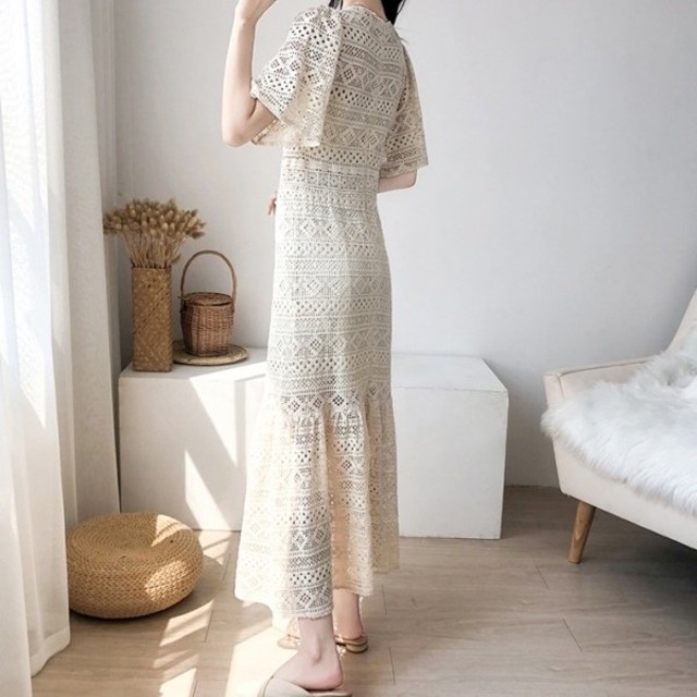 総レース ワンピース レディース 韓国 ファッション シースルー 半袖 Aライン ロングワンピース フレア袖 お呼ばれ 上品 フェミニン 白ワンピ 夏服 レディース Vestito