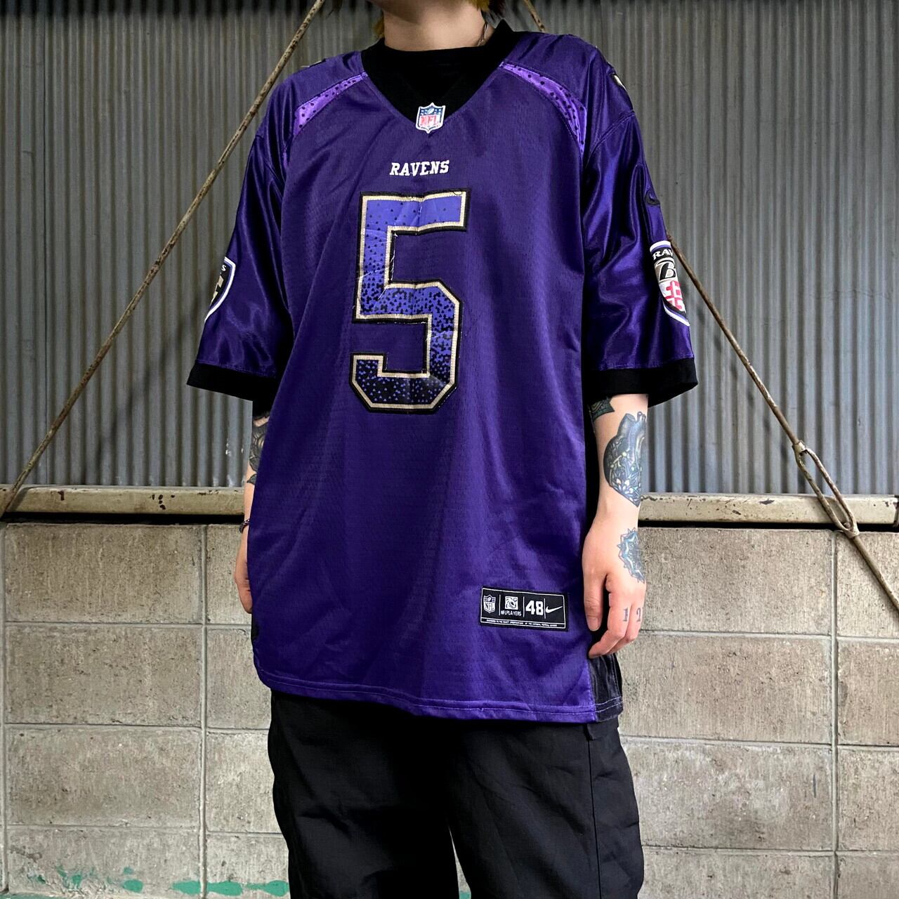 NIKE ナイキ NFL ボルチモア・レイヴンズ ジョー・フラッコ ゲームシャツ メンズL相当 古着 Baltimore Ravens  レプリカユニフォーム アメフト メッシュ ワッペン スウォッシュロゴ刺繍 パープル 紫色 【ゲームシャツ】 | cave 古着屋【公式】古着通販サイト