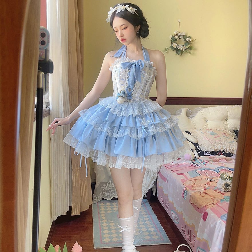 クラシカルロリィタ 青 コルセット バッスル 花柄スカート クラシカル