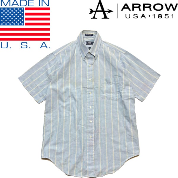 USA製 D'Accord アメリカ製 ストライプ模様 半袖ポロシャツ　アメカジ 1点物◇USA製アローARROWボタンダウン半袖ストライプシャツ古着メンズ
