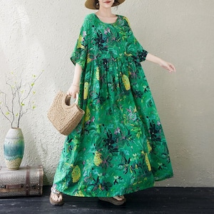 PRINT BOHO LOOSE PLEATED MAXI FLOWY DRESS M-18084