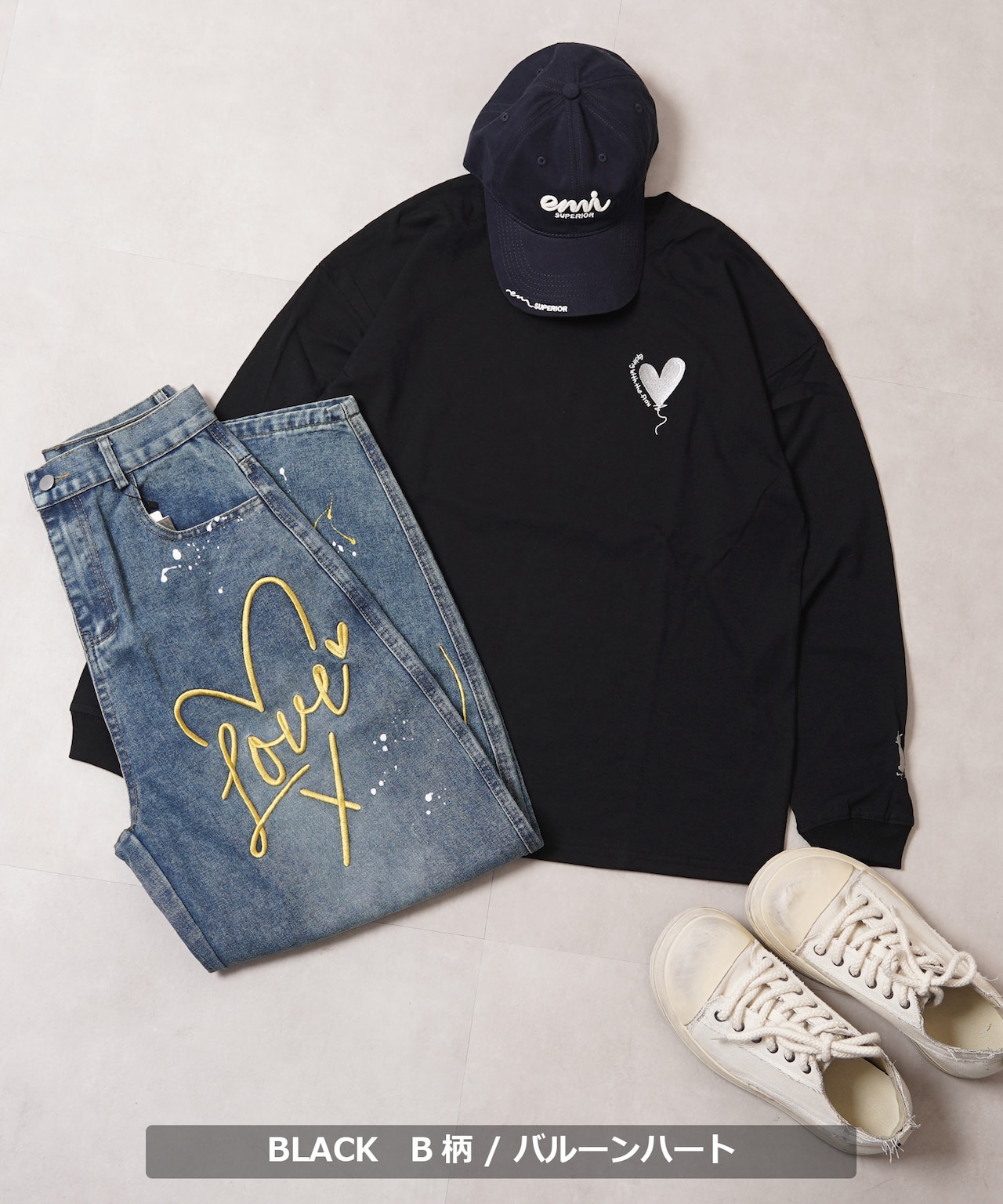 ◆ハート刺繍 ワイドシルエット L/S Tee◆bf-25101