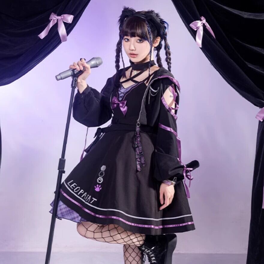 ロリータファッション 黒猫パープルチェック地雷系JSKセット