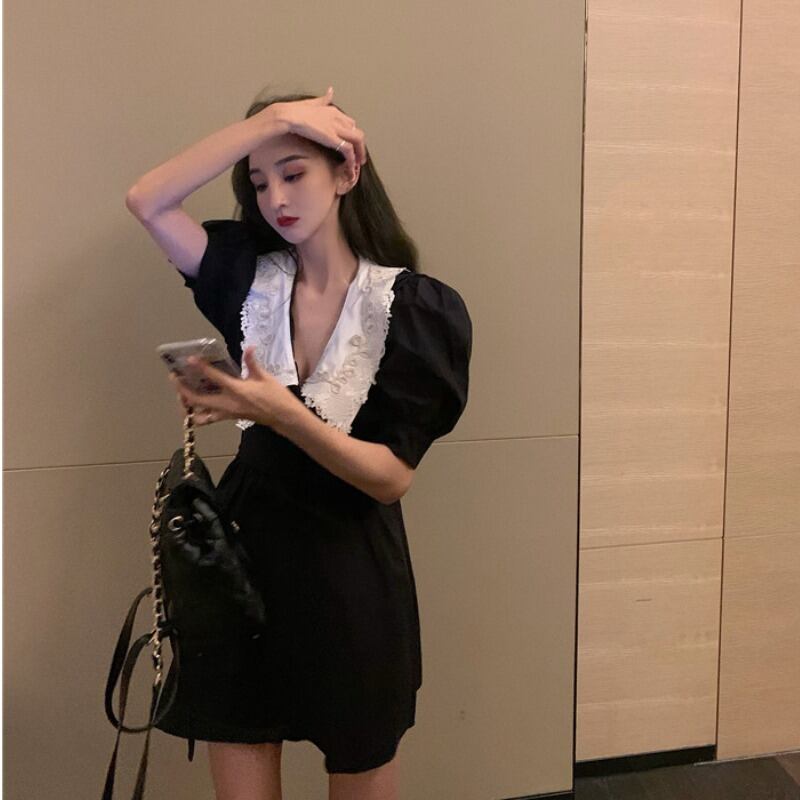 フレンチVネックパフスリーブブラックドレス女性のウエスト痩身スカート2020新しい夏の気質ショートスカート ブラックストロベリース8032499930