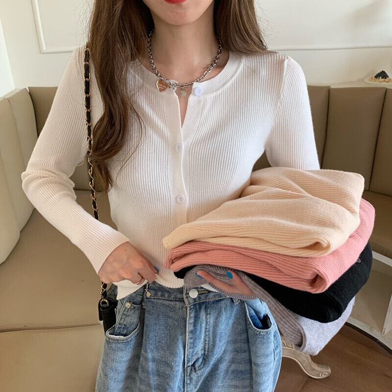 セーター サマーベーシックラウンドネックホワイトカーディガンスリム薄手トップス ロング 夏物 Oネック ガールズファッション12818371555