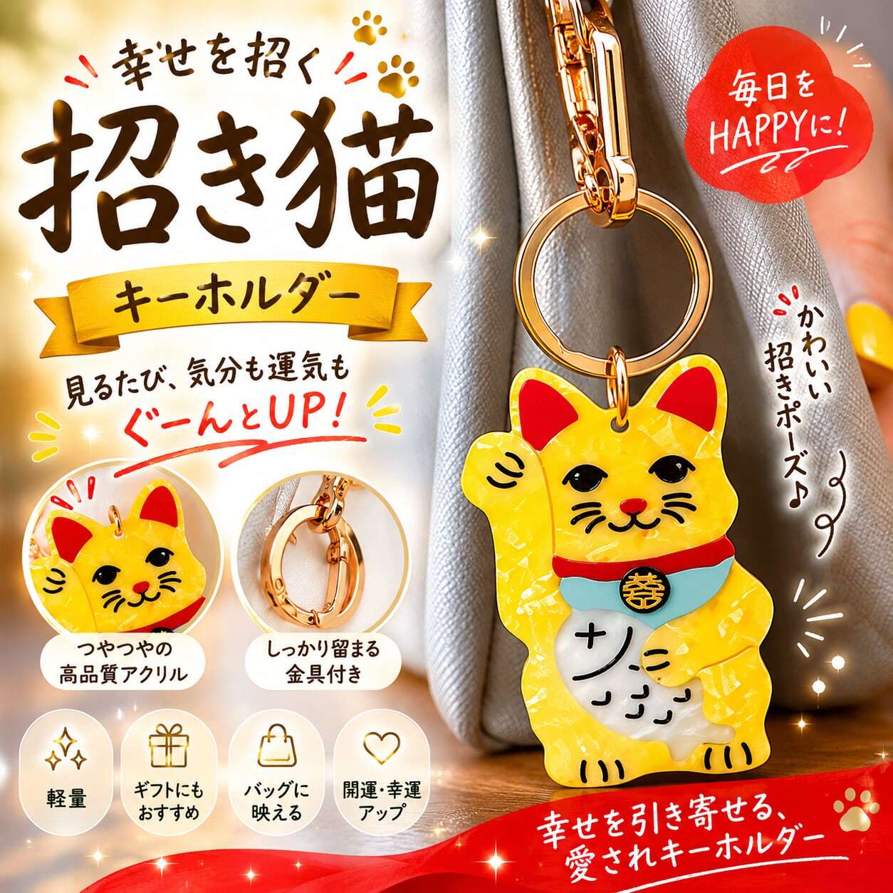 福 招き猫 】開運 キーホルダー 幸運を呼ぶ 縁起物チャーム 金運 招福