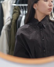 予約販売 | i’m here : - “CUT OFF” SHIRT : ONE PIECE ：Brown｜カットオフ仕様／タイプライター素材／シャツワンピース