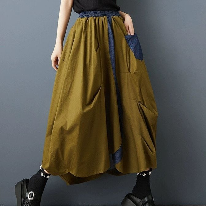 DENIM STITCHED A-LINE LONG DESIGN SKIRT 1color M-13900