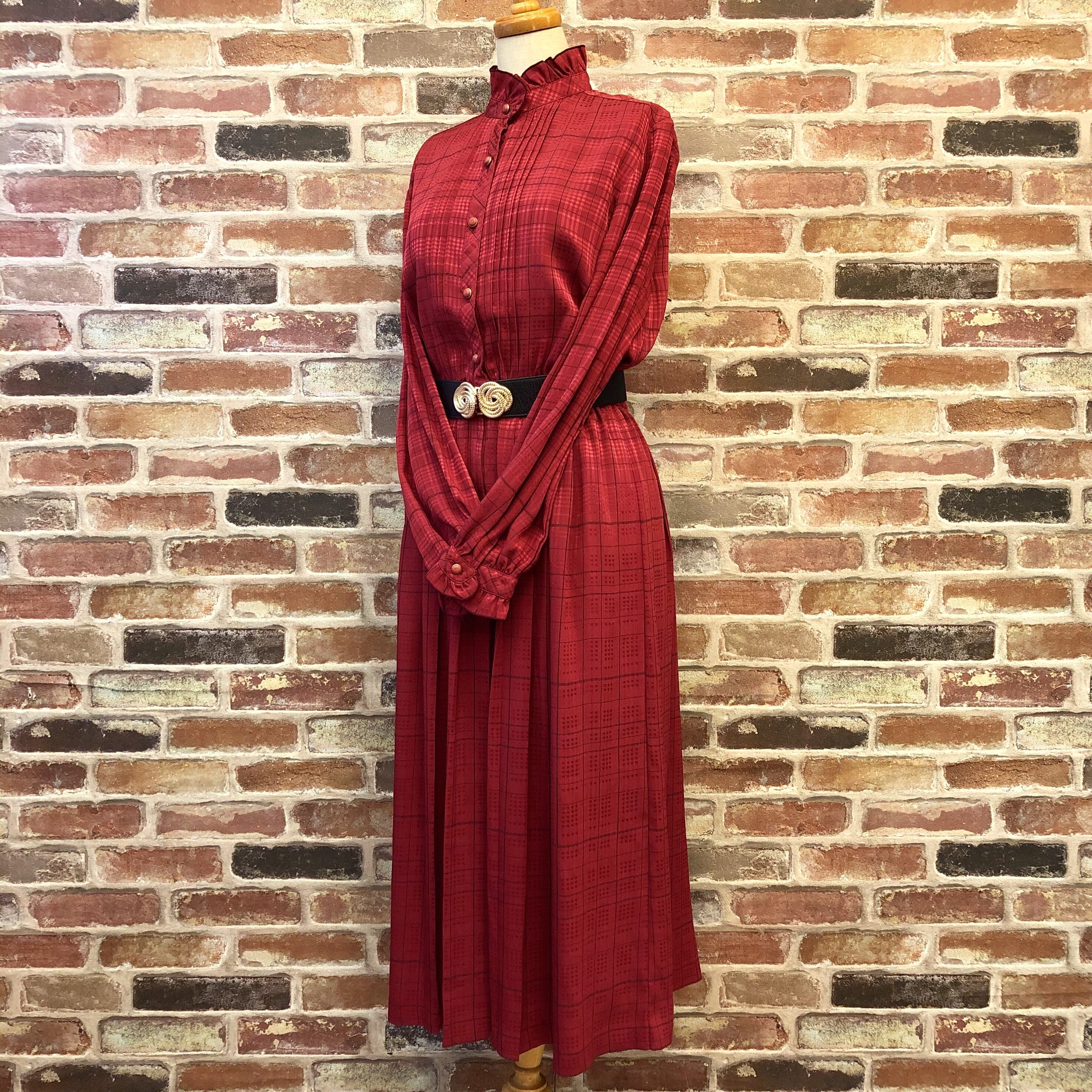 Check Dark Red Stand Collar One-piece