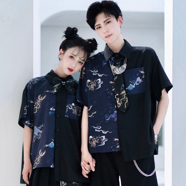 【卿棠シリーズ】★チャイナ風シャツ★ トップス 薄い 涼しい 花柄シャツ ゆったり オリジナル メンズ カップル服