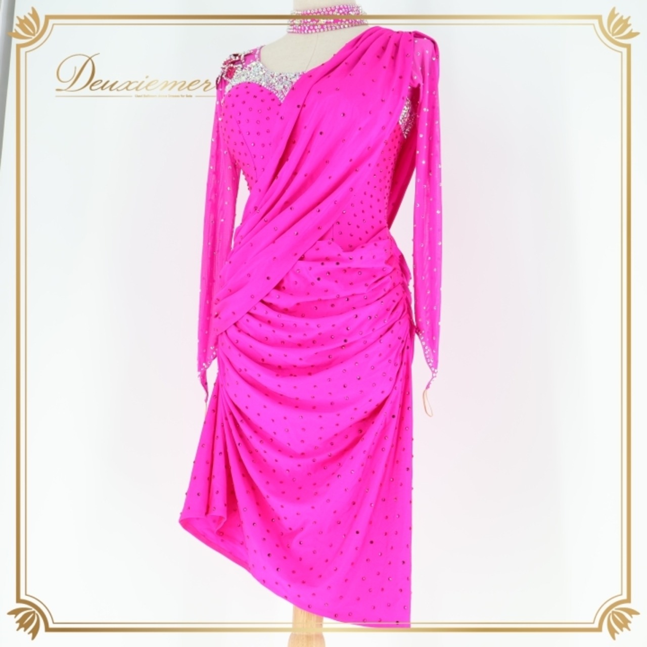 社交ダンス 衣装 ラテン ワンピース ドレス ピンク系 VeRTigo 濃いピンク デモ 競技 ダンス パーティ 豪華 伸縮 ストレッチ ビジュー 豪華 華やか ダンス衣装 フォーマル 競技用 ステージ衣装 エレガント オシャレ パフォーマンス用