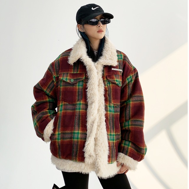 ★予約★D-657　2025秋新作♡STAFFPICKチェック柄ボアジャケット　バーガンディー