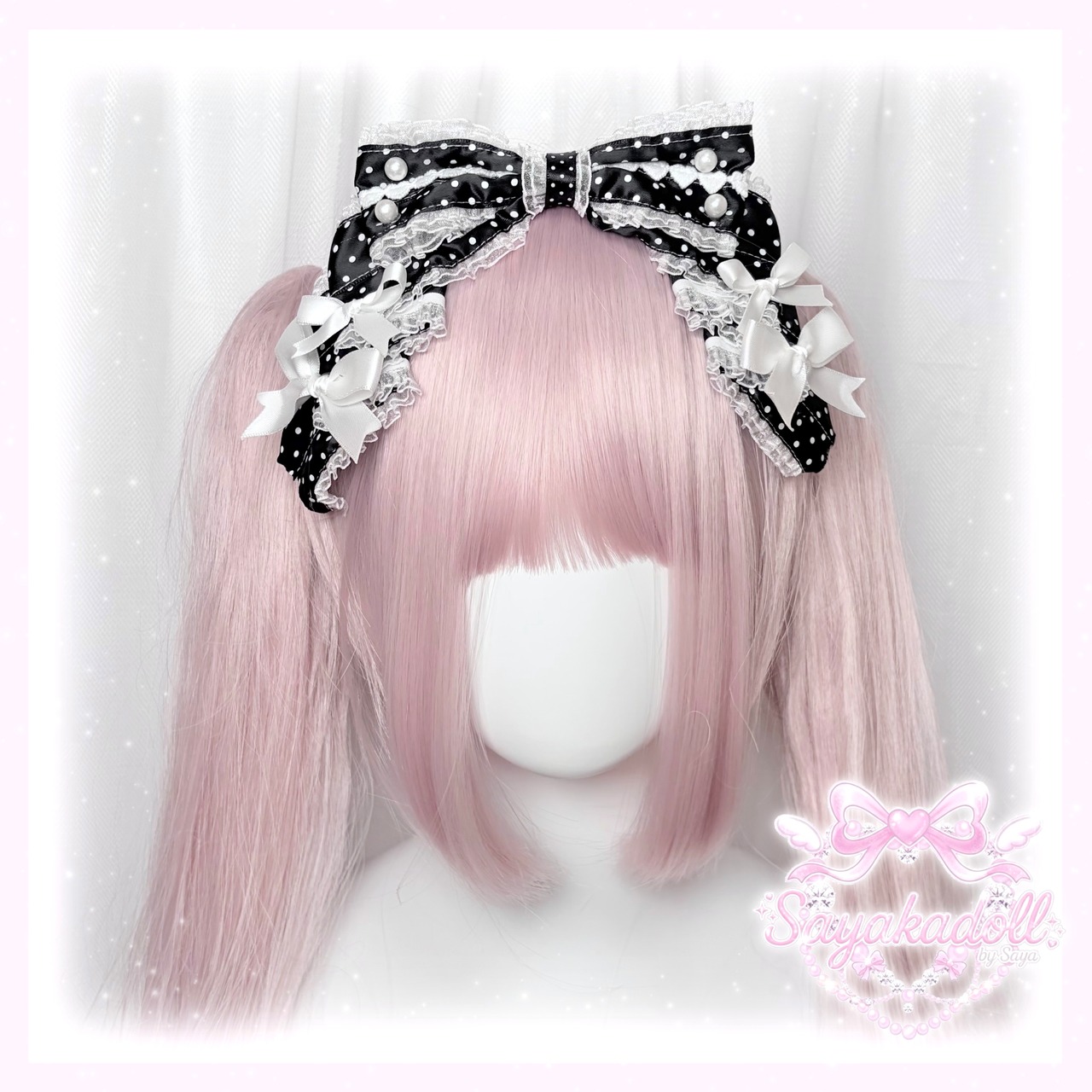 ♡【全10色】ドーリープリンセス パール＆ドットサテンリボン 2wayヘアクリップカチューシャ light blue×pink ♡
