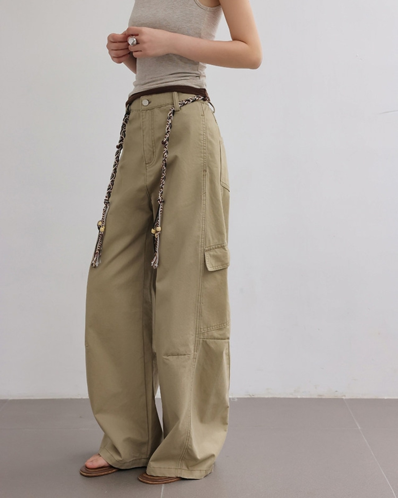 Flap design wide leg cargo pants L0178