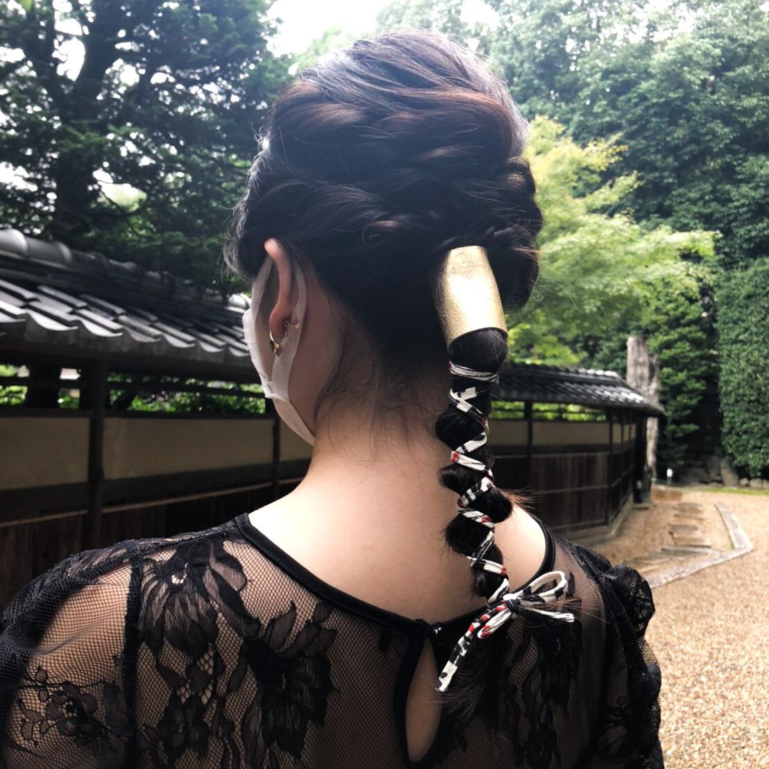 レザー × 着物リボン 3way ヘアピアス ポニーフック 着物リメイク 日本製 ネイビー - Hair Pierce