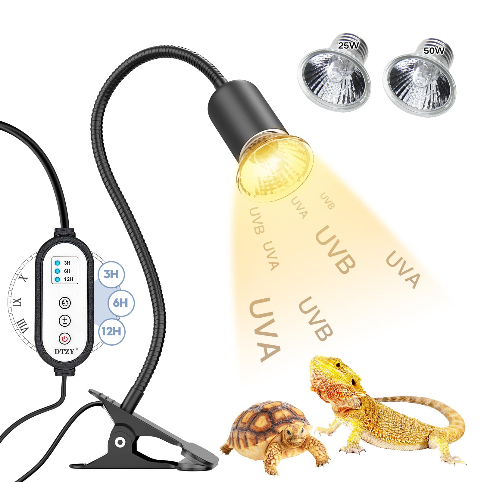 【数量限り】DTZY爬虫類 ライト 亀 バスキング ライト兼用 25W+50W保温電球 アナログ太陽 UVA&UVBランプ 24時間サイクルタイマー機能 明るさ調節可能 360度回転可能 爬虫類&両生類適用