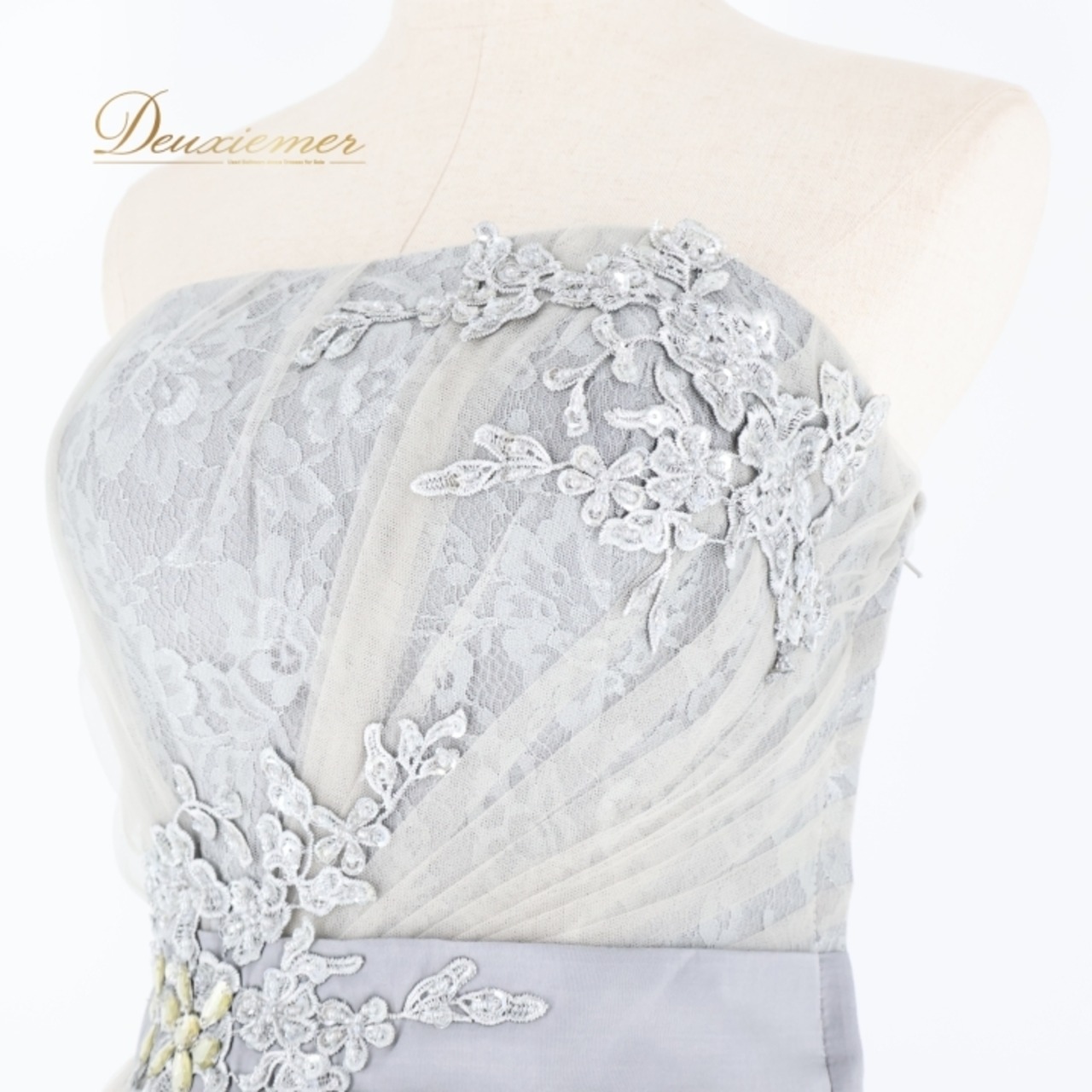 パーティドレス fine feathers ファインフェザーズ ワンピース ドレス 前撮り カラードレス 演奏会 発表会 撮影 レース ビーズ 高級感 上品 グレイ系 おしゃれ 結婚式 フォーマル ビーズ装飾