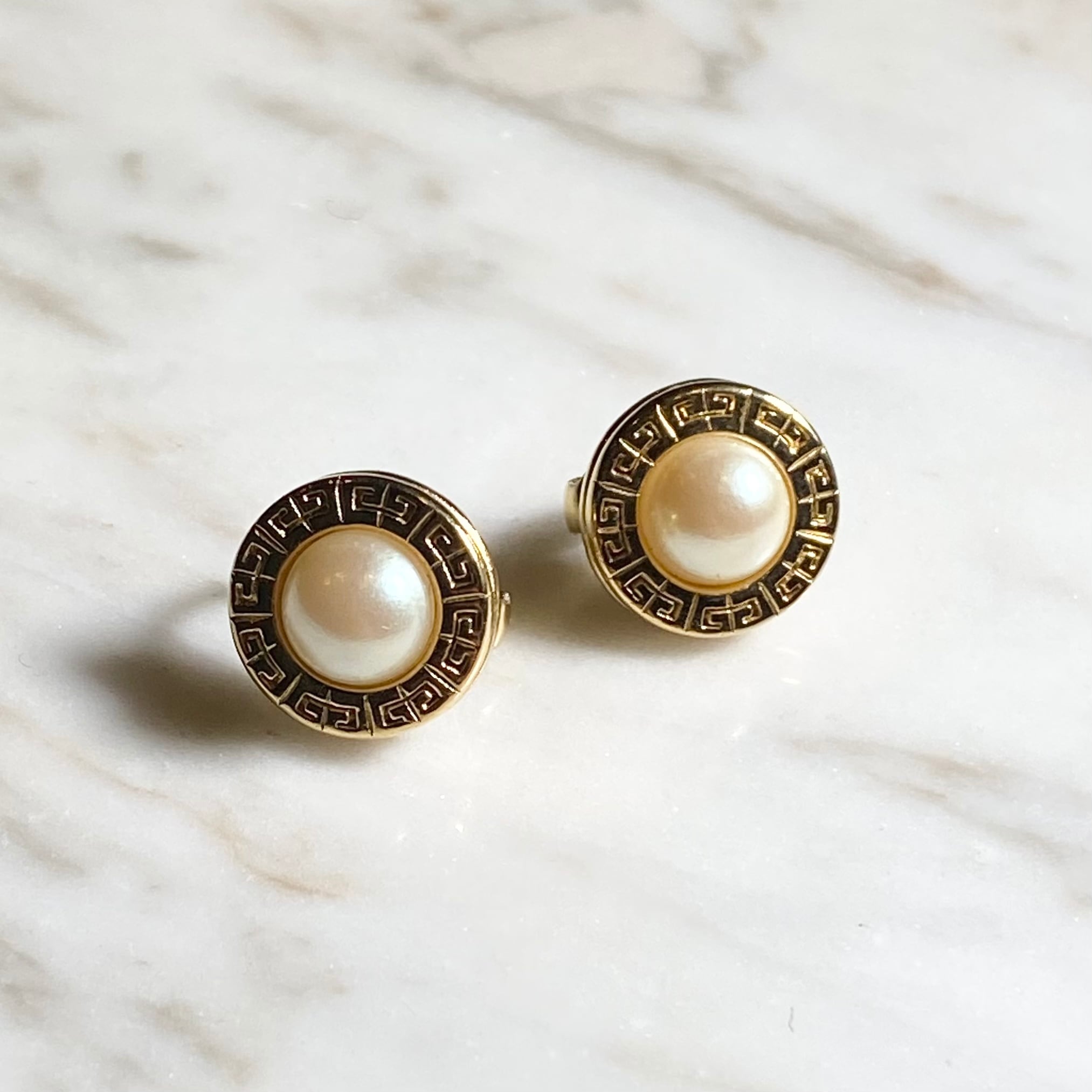 vintage GIVENCHY gold color metal logo × imitation pearl earrings 