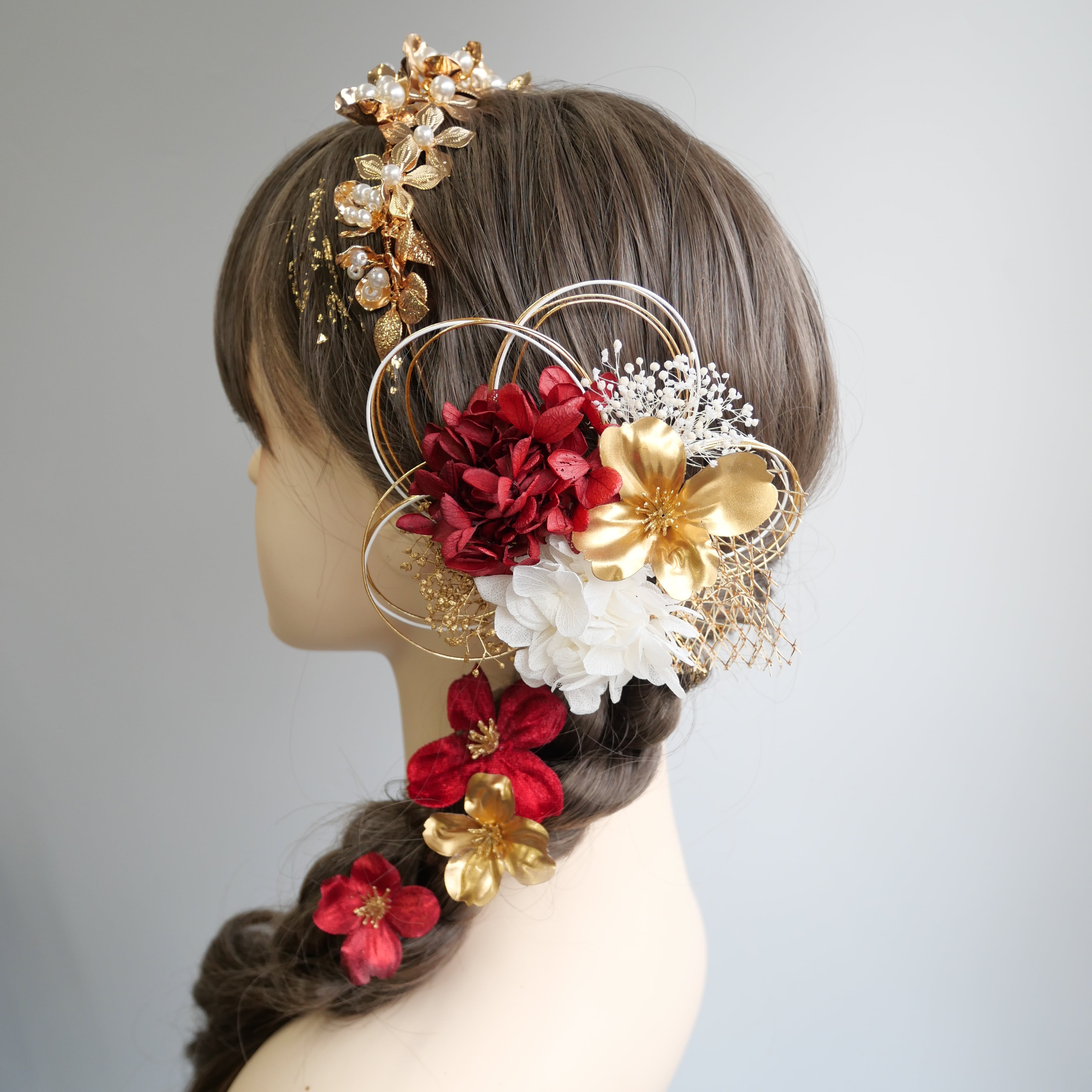 A113 カチューシャ ゴールド×赤 髪飾り 成人式 卒業式 袴 振袖 結婚式