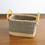 ボルガ四角かご ボーダー柄 M 黒 ハンドル革黄