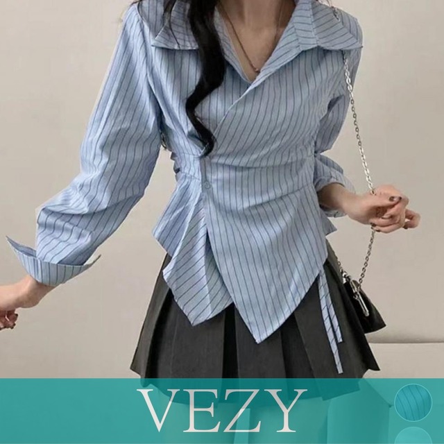 長袖ラップブラウス カシュクール春服秋服 ストライプ柄ブラウス ウエストマーク ペプラムシャツブラウス襟付き 着やせトップス Vネックシャツ おしゃれ シャツ VEZY ベジー  ItemNo.【23773244】