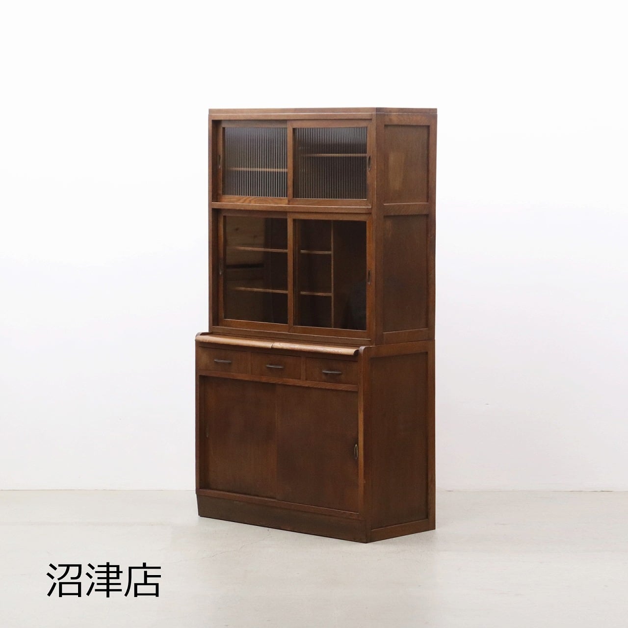 【沼津店】レトロ 重ね棚 ガラス戸棚 食器棚 書庫 本箱 収納 キャビネット モールガラス 水屋箪笥 ヴィンテージ RBT21227